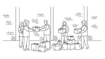 Community volunteers organizing donations for charity in a linear style