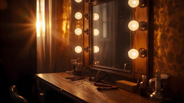 Vintage theater dressing room with nostalgic lighting and dramatic mirrors