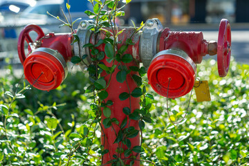 Red fire hydrant with dual hose outlets among garden vegetation © Daniel
