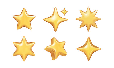 Obraz premium Icons of 3D starts. Gold, metal badges of five pointed sparks for awarding success, winning and achievements. Signs of the best in rating. Flat isolated vector illustrations on white background