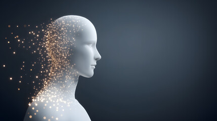 Obraz premium Human silhouette dissolving into golden particles symbolizing digital transformation.