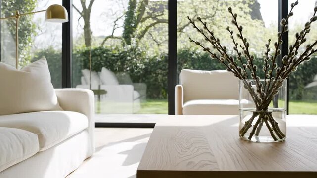 Modern living room decorated for spring. Vase with pussy willow branches on wooden coffee table. Bright interior with white sofa and large windows to garden. Seasonal home refresh concept.