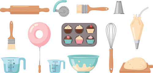 Baking Tools and Pastry Equipment Icon Set Featuring Rolling Pin, Whisk, Measuring Cups, Cupcakes, Dough, and Kitchen Utensils