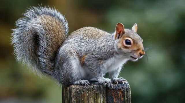 A gray squirrel perched on a wooden post in a natural outdoor setting with a bushy tail