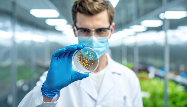 Scientist in laboratory holding a petri dish with a nutritious yeast strain for research and development