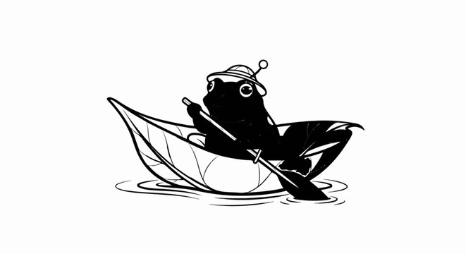 A frog wearing a hat paddles a leaf boat across rippling water