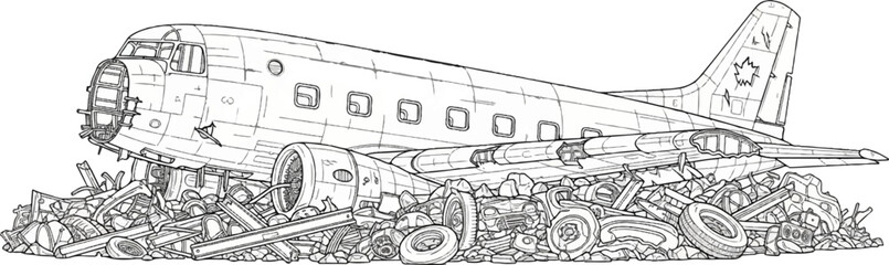 Obraz premium A damaged, old airplane lies broken and abandoned amidst a heap of scrap metal and debris