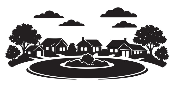 Quiet Suburban Cul De Sac Scene Silhouette, Silhouette Vector, Isolated on White Background