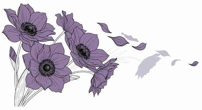 A delicate bouquet of purple flowers with petals blowing away