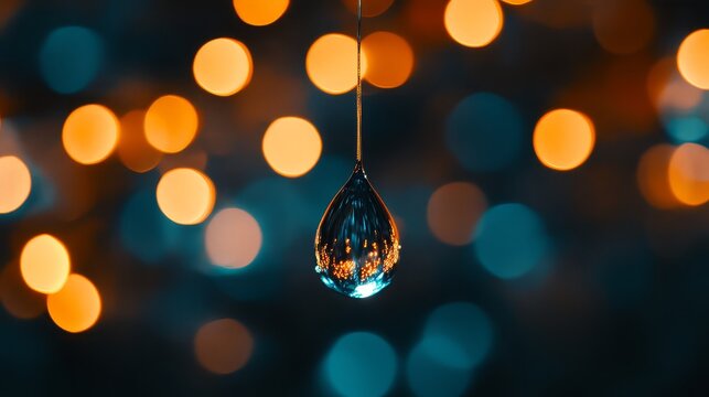A single water droplet hangs from a thread against a vibrant blurred background of warm golden lights creating a mesmerizing contrast of cool and warm tones in a delicate