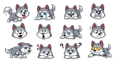 Collection of expressive husky puppy cartoon illustrations. © Solar
