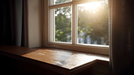 Fototapeta premium Warm sunlight streams through a window illuminating a wooden ill and a serene interior