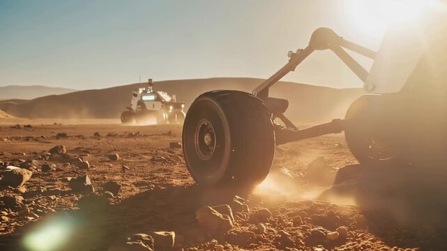 Mars Rover Exploration: A resilient rover navigates the rugged terrain of Mars, embarking on a daring mission of discovery under the harsh sun.