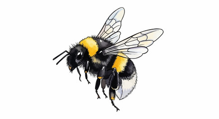 A detailed illustration of a fuzzy bumblebee with yellow and black stripes in flight