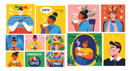 Collection of illustrations depicting people enjoying coffee and floral themes woman © Click Studio