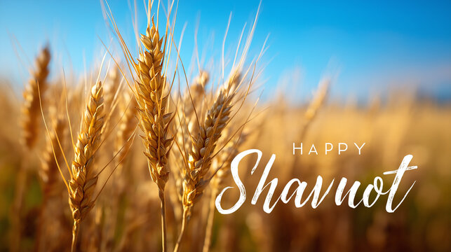 Happy shavuot inscription overlaying ripe golden wheat field creating a celebratory banner, symbolizing agricultural festival, harvest, and the giving of the torah to the jewish people