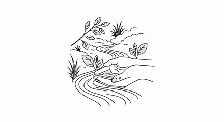 A hand cradles water from a winding stream amidst foliage and rocks