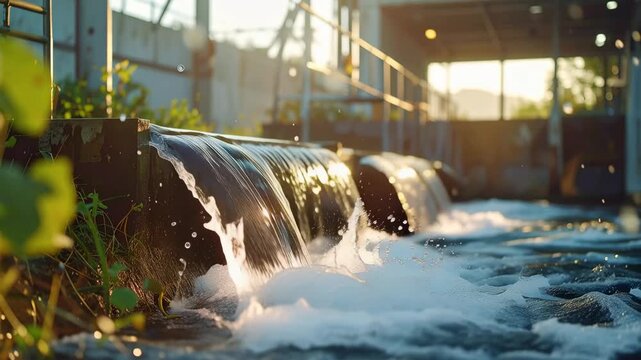 Industrial Cascades: A mesmerizing view of water cascading over a small weir structure within an industrial setting, reflecting the harmony of nature and industrial design.