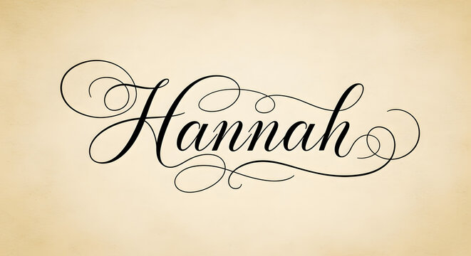 Ornate black script calligraphy of the name Hannah with decorative flourishes on a vintage paper texture