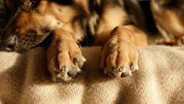A close-up of a dogs paws resting on a soft, textured blanket, bathed in warm sunlight, creating a cozy and peaceful atmosphere.