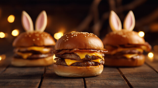 Delicious double cheeseburgers with crispy bacon and bunny ear decorations sit on a rustic wooden table, creating a festive easter holiday dining experience with warm background lights