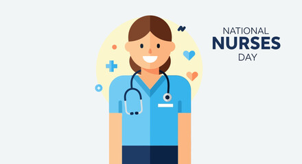 Fototapeta premium Happy National Nurses Day celebration with a smiling nurse holding a stethoscope and surrounded by medical icons symbolizing care and health awareness