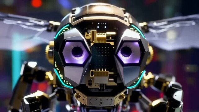 Robot Bee Flying Over Cityscape At Night.