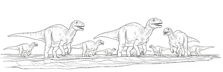 Fototapeta premium A herd of dinosaurs, varying in size, walks across a rippling, stylized landscape