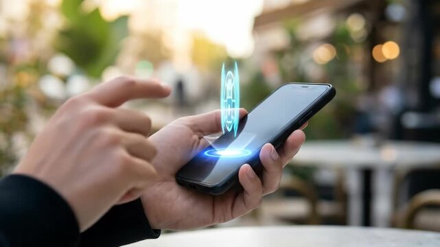 Businessman holding smartphone with floating digital shield and vpn icon. Cyber security, data protection and internet privacy concept. Secure connection technology for modern communication.