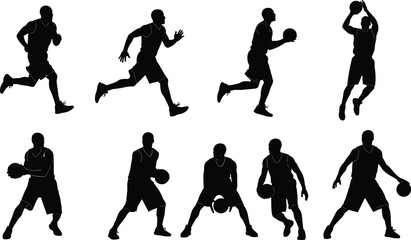 Basketball player silhouettes set, athletes dribbling running shooting ball, sport action poses collection, basketball training vector illustration © E-Designs