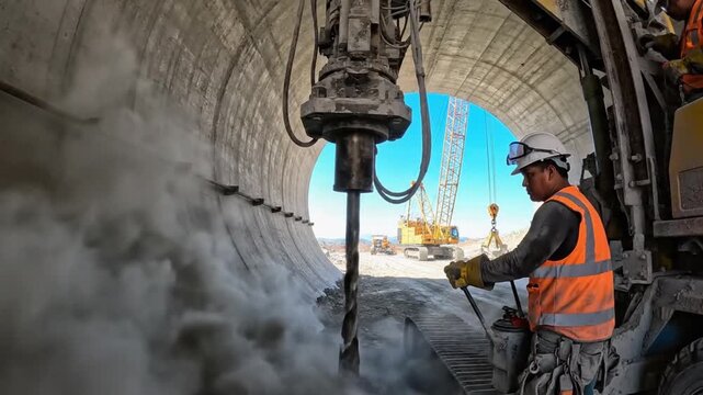 Dedicated worker operates powerful drilling machinery inside a large tunnel structure, creating a dust cloud while contributing to significant infrastructure development