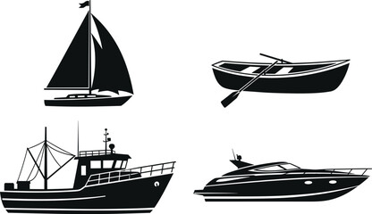 Boat silhouettes collection including sailboat rowboat fishing vessel and luxury yacht, marine transportation icons, nautical vector illustration set © E-Designs