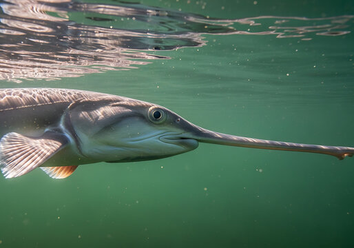 Close-up of a paddlefish swimming underwater with its distinctive long snout visible in clear green water