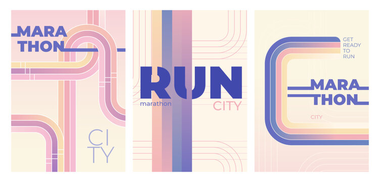 City marathon posters set with pastel color stripes. Vector illustration of sports event promotion banner, running race invitation design with abstract line pattern, fitness competition advertising
