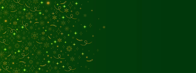 Golden snowflake border, elegant winter abstract pattern isolated on green background. Festive snow ornament, decorative element for holiday greeting cards, Christmas banner design © klyaksun