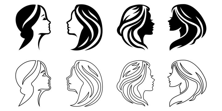 Set of fashionable side profile of woman with elegant hairstyle line art silhouette vector illustration