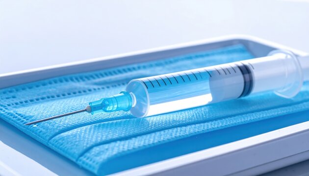 Close-up of a medical syringe filled with clear liquid rests on a blue surgical mask