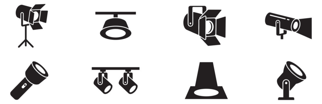 Studio and Stage Lighting Icon Set. Solid Vector Illustration of Spotlights, Flashlights, and Track Lights for Events and Interior.
