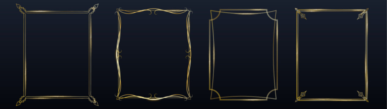 Elegant gold thin line frames realistic vector isolated on black background. Luxury golden border, art deco design, premium labels, vintage decorations, or modern ornamental elements