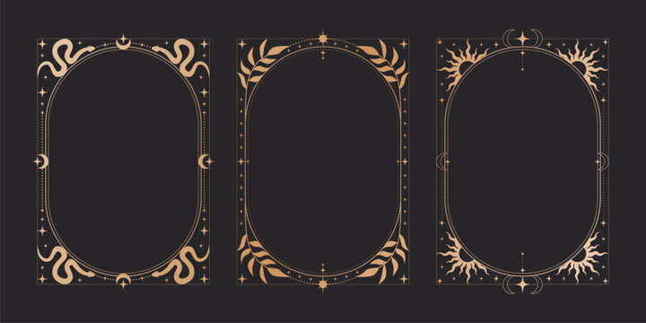 Mystical tarot card frames set with celestial moon and stars isolated on black background. Vector illustration of vintage golden border with sun and snake ornaments, esoteric symbols, spiritual design