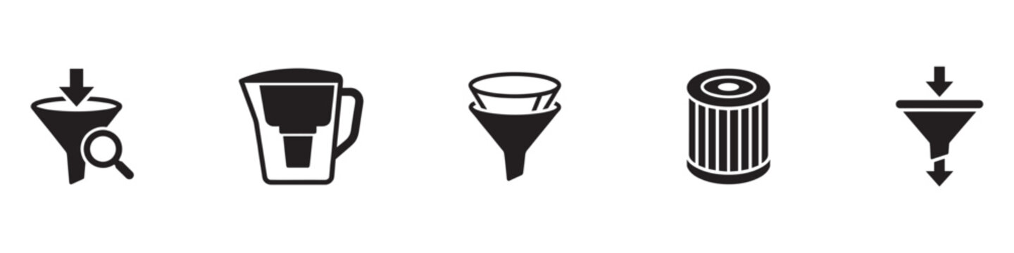 Water filter and purification icons set. Clean drinking water system symbols.