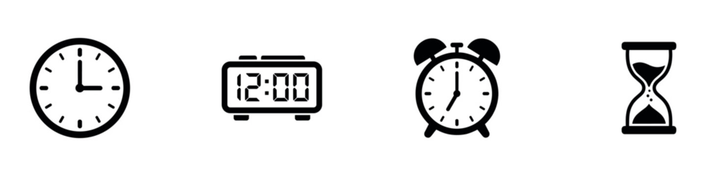 Time and clock icons set. Alarm, digital watch, analog clock and hourglass symbols