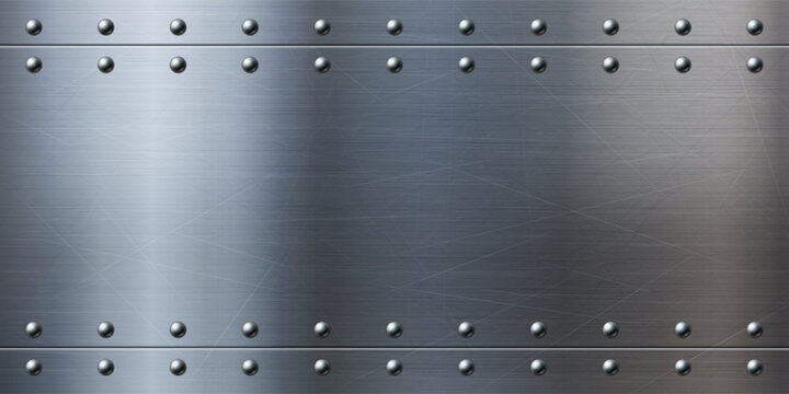 Metal background with steel rivets and brushed texture, 3d realistic vector banner. Silver aluminum sheet with bolts, military aircraft panel, iron border design template, industrial stainless frame