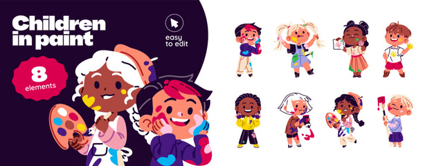 Fototapeta premium Set of cute kids in paint. Funny children are dirty with dye. Happy little painters with colourful spots, strokes on faces, hands. Child art and creativity. Flat isolated vector illustration on white