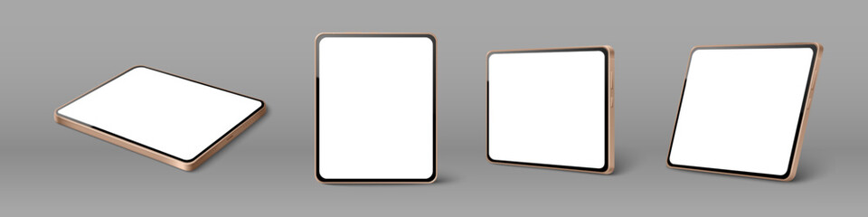 Tablet mockup set with blank white screen and golden metal frame. Realistic vector illustrations of pad device template, front and different angles view isolated on grey background. 3d device design © klyaksun