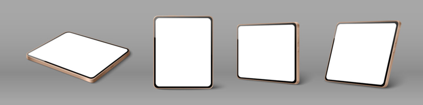 Tablet mockup set with blank white screen and golden metal frame. Realistic vector illustrations of pad device template, front and different angles view isolated on grey background. 3d device design