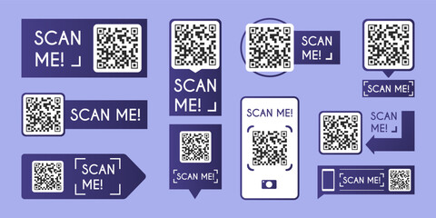 Naklejka premium QR code scanner icons set isolated on background. Vector realistic set of smartphone screen and scan me frames with digital barcode for mobile payment, product verification, modern business technology