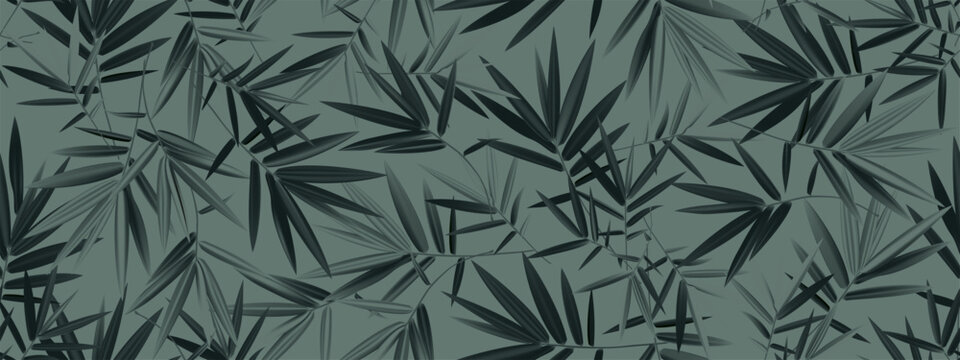 Vector seamless pattern with dark bamboo leaves on a muted green background. A tropical botanical texture with layered foliage and a modern design. Suitable for wallpaper, fabric, packaging, interior 