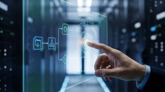 A businessman using a finger to activate a glowing holographic compliance check interface in a high-tech server room