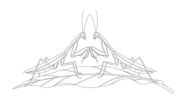 Two Praying Mantis Illustration: A detailed line drawing of two praying mantises facing each other in a delicate, symmetrical pose, perched atop a textured leaf.